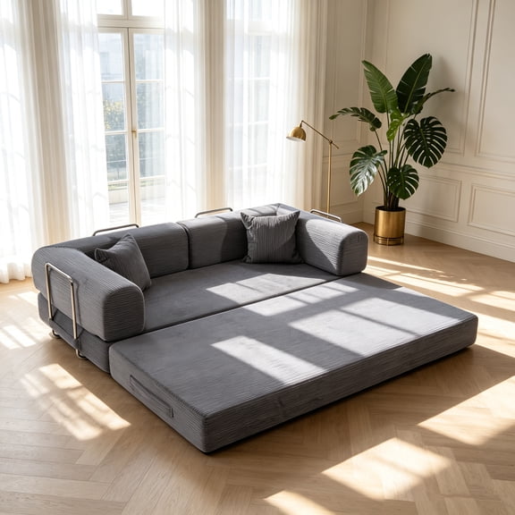 LITVZ 4-in-1 Floor Sofa King Size Corduroy Foam Compressed Sofa Couch in a Box for Living Room, No Assembly