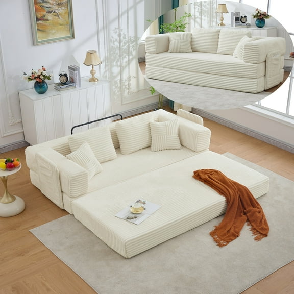 LITVZ 4-in-1 Floor Sofa King Size No Assembly, Upholstered Boneless Pull Out Couch Bed with 2 Pillows, Oversized Corduroy Foam Compressed Sofa Couch in A Box for Living Room Sleeper