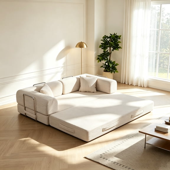 LITVZ 4-in-1 Floor Sofa King Size Corduroy Foam Compressed Sofa Couch in a Box for Living Room, No Assembly
