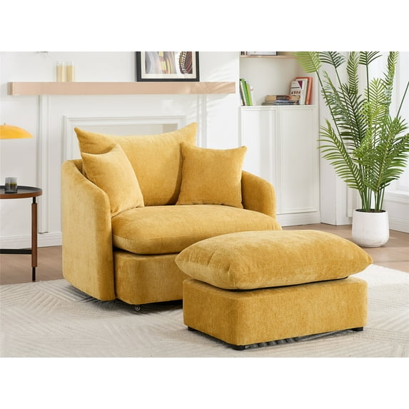 LITVZ 46" Oversized Swivel Accent Chair with Ottoman Set, Upholstered 360° Swivel Barrel Chair and A half with Ottoman, Extra Wide Seat Lounge for Living Room, Reading, Bedrooms