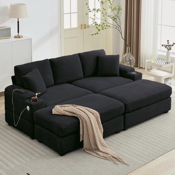 LITVZ 86.61'' Oversized Double Chaise Lounge Chair Indoor with Ottoman & Armrest Storage, Deep Seat, Cup Holder & USB Port for Living Room