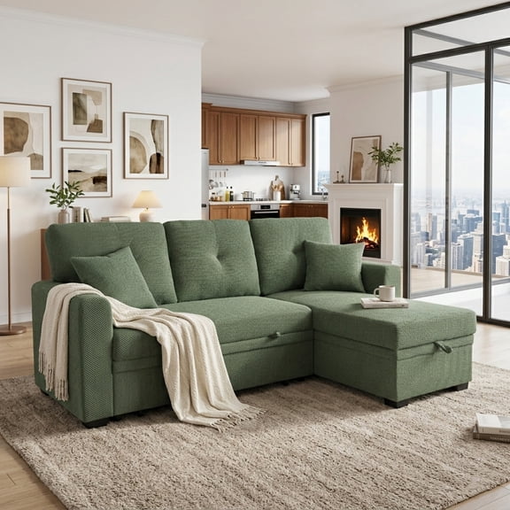 LITVZ L Shaped Sectional Couch with Storage and Pull Out Bed, 3 Seater Sleeper Sofas Convertible Couches with Reversible Chaise for Living Room, Small Sofa Bed for Small Spaces, Dark Green