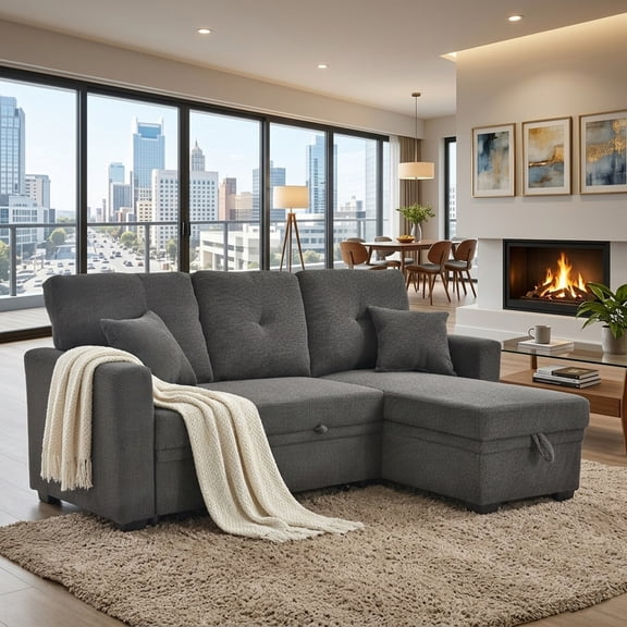 LITVZ L Shaped Sectional Couch with Storage and Pull Out Bed, 3 Seater Sleeper Sofas Convertible Couches with Reversible Chaise for Living Room, Space Saving Small Sofa Bed for Small Spaces