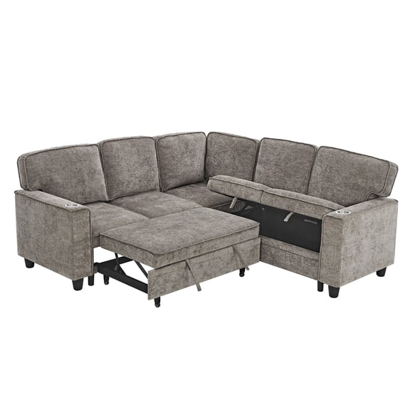 LITVZ L-Shaped Sectional Couch with Storage and Pull Out Bed, Convertible Sofa Bed with USB Charging and Cup Holders, 5-Seat Modular Sleeper Sofas Convertible Couches for Living Room, Apartment