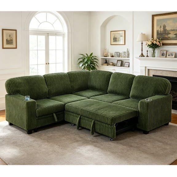 LITVZ L-Shaped Sectional Couch with Storage and Pull Out Bed, Convertible Sofa Bed with USB Charging and Cup Holders, 5-Seat Modular Sleeper Sofas Convertible Couches for Living Room, Apartment