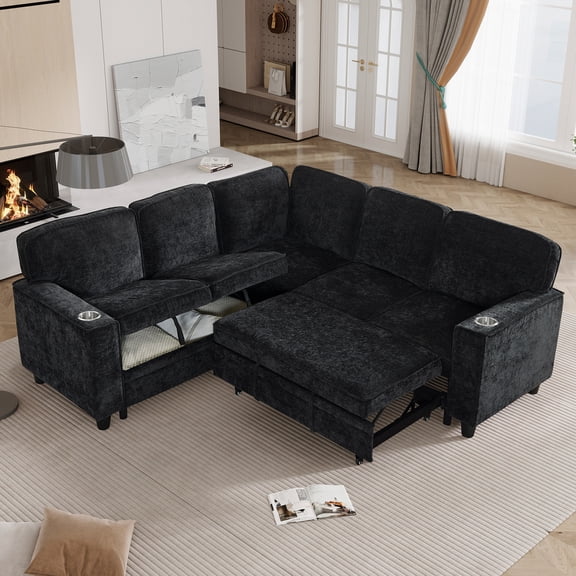 LITVZ L-Shaped Sectional Couch with Storage and Pull Out Bed, Convertible Sofa Bed with USB Charging and Cup Holders, 5-Seat Modular Sleeper Sofas Convertible Couches for Living Room, Apartment