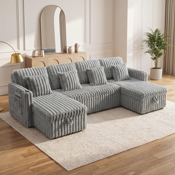 LITVZ Modern Upholstered Corduroy Sofa Bed with Storage Chaise for Living Room, Light Grey