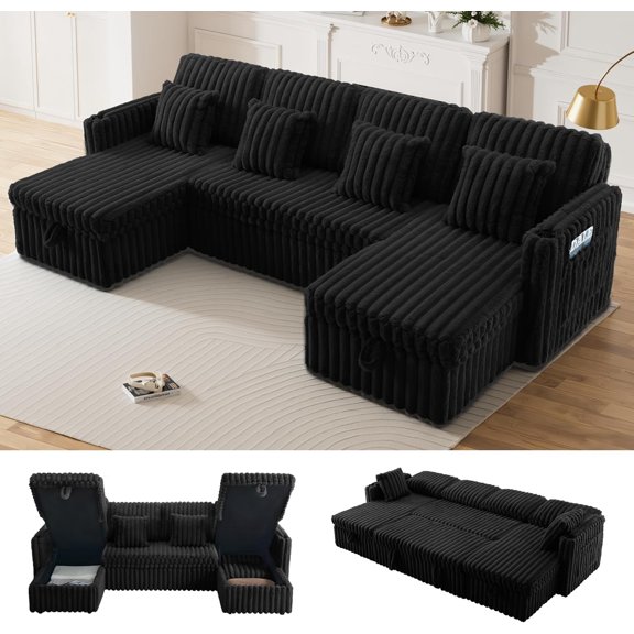 LITVZ Modular Sectional Sleeper Sofa with Storage, Convertible 4 Seat U Shaped Sleeper Couch with Pullout Bed, Modern Upholstered Corduroy Sofa Bed with Storage Double Chaise for Living Room, Black