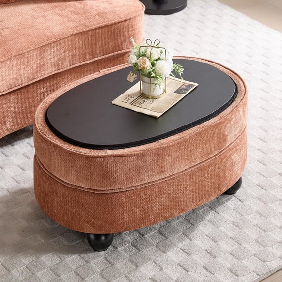litvz Oval Ottoman Coffee Table with Storage, Modern Chenille Fabric Small Foot Rest for Chair, 3-in-1 Multi-Functional Storage Ottoman with Tray Lid for Living Room
