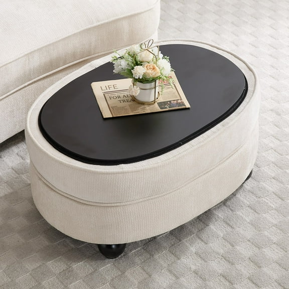 LITVZ Oval Ottoman Coffee Table with Storage, Modern Chenille Fabric Small Foot Rest for Chair, 3-in-1 Multi-Functional Storage Ottoman with Tray Lid for Living Room