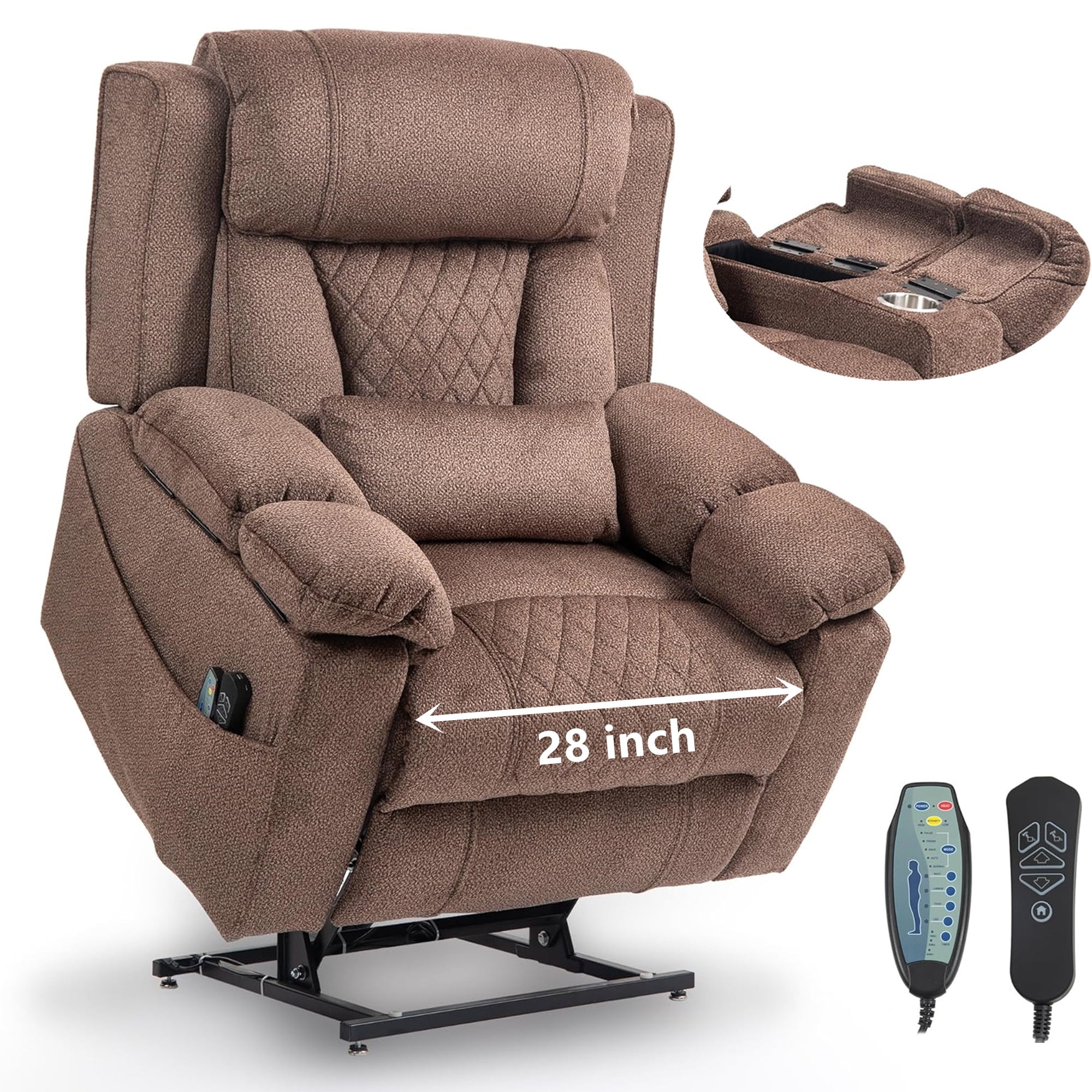 LITVZ Oversized Lift Assist Recliner Chair with Massage Heating, Extra Wide Lay Flat Recliner Chairs with Lumbar Pillow, Flip Arm Storage Cup Holders and USB Type C Charging for Elderly Sleeping