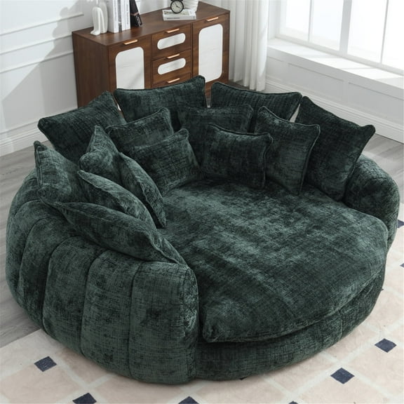 LITVZ Oversized Round Chaise Lounge, 81.1in Extra Wide Barrel Chair for 2 People, Upholstered Cloud Chenille Round Sofa with 14 Pillows, Comfy Fluffy Sleeper Lounge Chair for Living Room