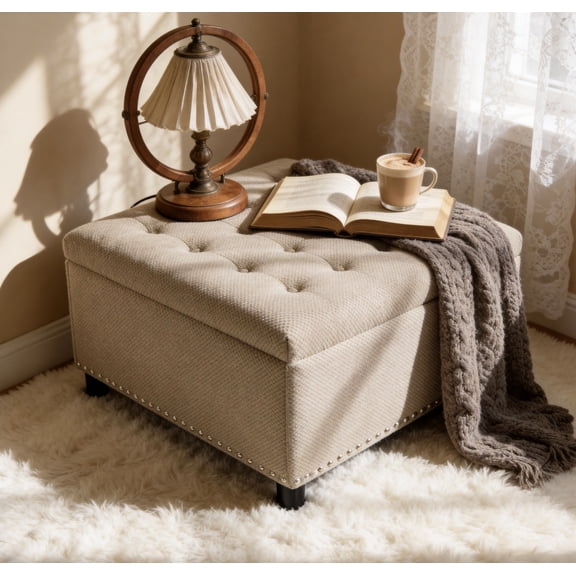 LITVZ Oversized Square Ottoman with Storage for Living Room, Upholstered Fabric Tufted Footstool with Storage, Mid Century Modern Ottoman Foot Rest for Chair
