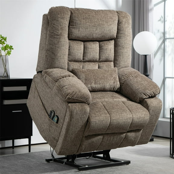 LITVZ Power Lift Recliner Chair for Big and Tall Seniors, 27in Extra Wide Lay Flat Lift Chair with Heat and Massage for Elderly, Reclining to 180°, 4 OKIN Motors, Adjustable Headrest and Lumbar, Grey