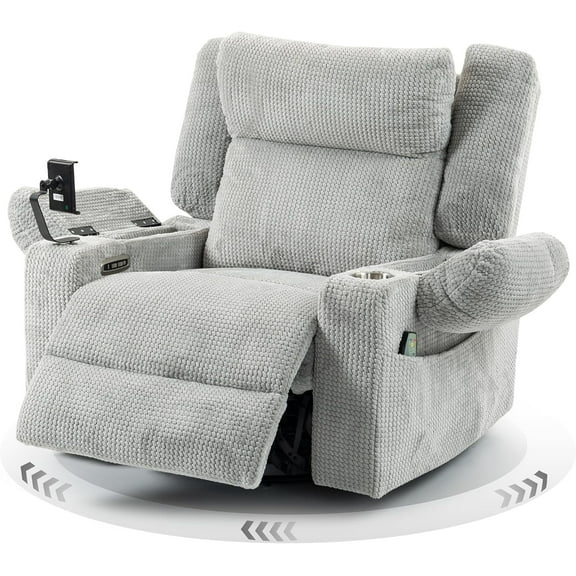 LITVZ Power Oversized Swivel Rocker Recliner with Dual Motor Adjustable Headrest for Adults, Glider Rocking Chair with Vibration and Heat, USB A&C Ports, Armrest Storage, Cup Holder