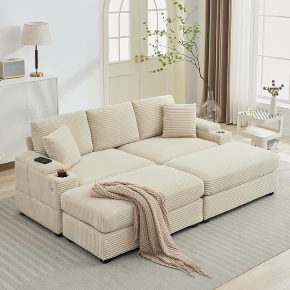 LITVZ Stupendous Oversized Double Chaise Lounges Indoor, Comfy Corduroy 3 Seater Couch, Deep Seat Modular Sectional Sofa with Ottoman Set, Armrest Storage, Cup Holder, USB Port for Living Room