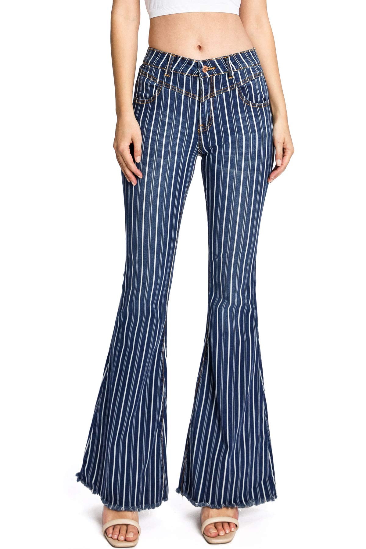 LITZ BY UNIQ Women's Juniors Stripe Bell Bottom Flare Jeans (28, Denim ...