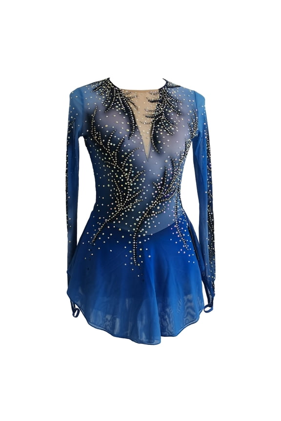 Blue Mesh Figure Skating Dress with Rhinestone Decor, Long - Sleeve, for Women & Girls, Performance - Ready