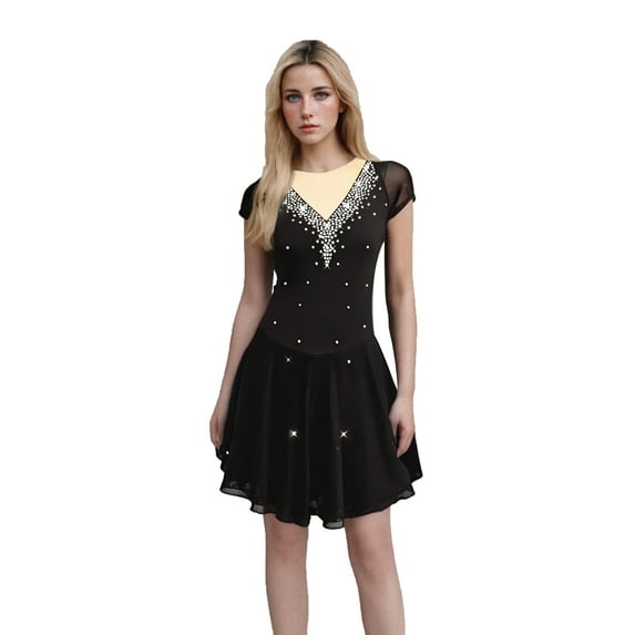 LIUHUO Custom Black Blue Purple Red Pink Spandex Ice Skating Dresses for Women & Girls - High Elasticity, V - Diamond Chest Decoration