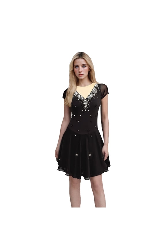 Custom Black Blue Purple Red Pink Spandex Ice Skating Dresses for Women & Girls - High Elasticity, V - Diamond Chest Decoration