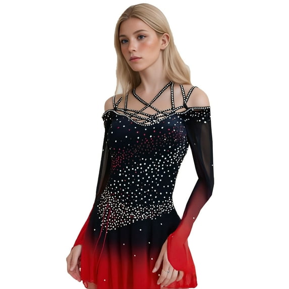 LIUHUO Custom Black - Red Gradient Spandex Ice Skating Dresses for Women & Girls - High Elasticity, Cross - Diamond Shoulder Straps