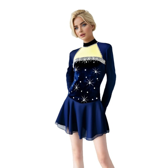 LIUHUO Custom Blue Velvet Ice Skating Dresses Women Girls High Elasticity Chest Diamond Decor Long Sleeves