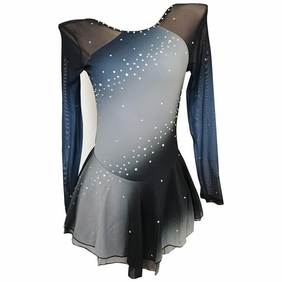 LIUHUO Custom Figure Skating Dress Girls Ladies Gray Blue Gradient Spandex Diamond Embellishments Gradient Layered Skirt