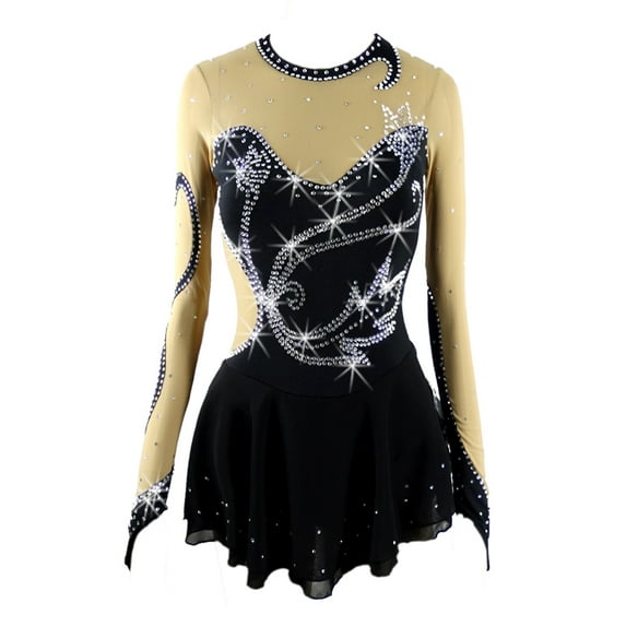 LIUHUO Custom Figure Skating Dress Girls Ladies Spandex Black with Streamlined Flower Diamond Embellishments