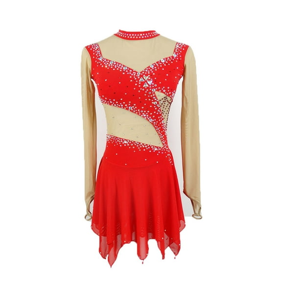 LIUHUO Custom Figure Skating Dress Girls Ladies Spandex Red with Irregular Hem Diamond Embellishments Back Hollow out