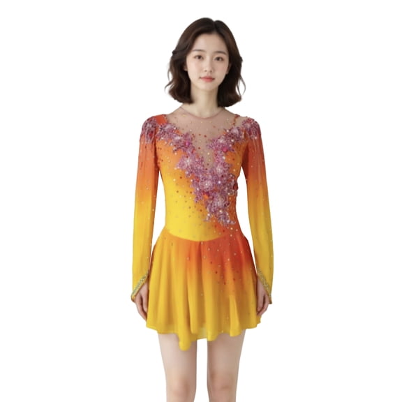 LIUHUO Custom Figure Skating Dress for Women Girls Vibrant Yellow with Detailed Embroidered Design Competitive Ice Dance