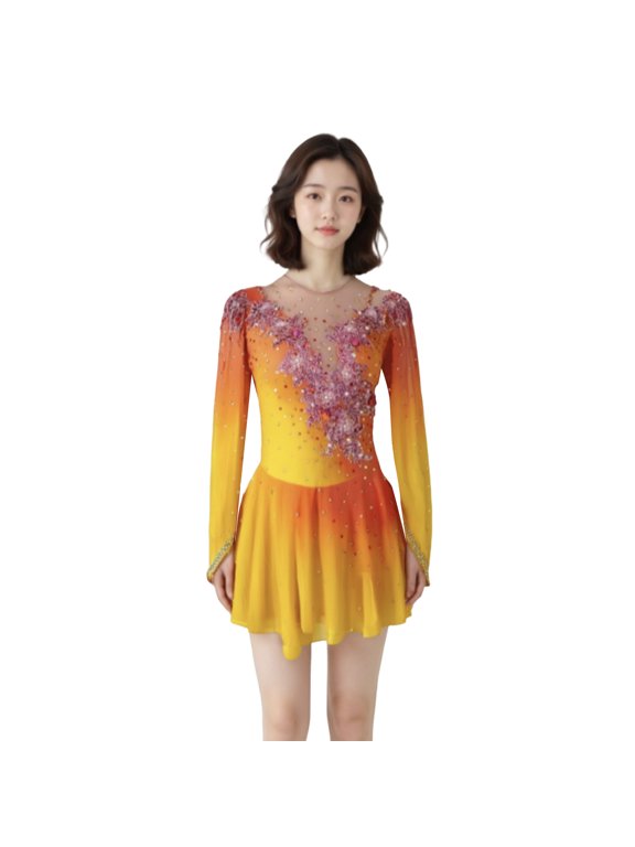 Custom Figure Skating Dress for Women Girls Vibrant Yellow with Detailed Embroidered Design Competitive Ice Dance