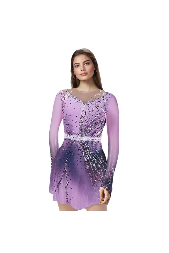 Custom High Elasticity Spandex Ice Skating Dresses Women Girls Gradient Colors Purple Pink Blue Orange Long Sleeves Diamond Embellishments