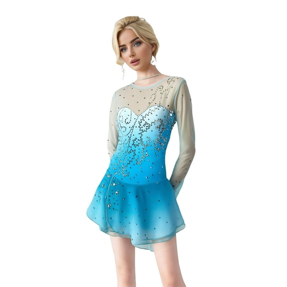 LIUHUO Custom High Elasticity Spandex Ice Skating Dresses for Women Girls Gradient Colors Black Purple Blue Pink Long Sleeves Diamond Embellishments