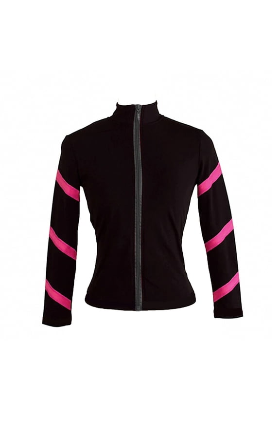 Girls Ice Skating Jacket, Black Polyester Top with Rhinestone Back Design and Pink-Lined Sleeves