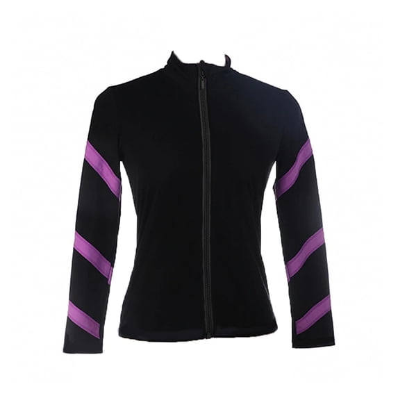 LIUHUO Custom Ice Skating Jacket Girls Ladies Polyester Black Top with Back Ice Skate Rhinestone Design Purple lined Sleeves