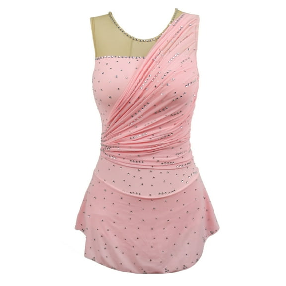 LIUHUO Custom Pink Spandex Figure Skating Dress Girls Women One Shoulder Pleated Design with Diamond Accents