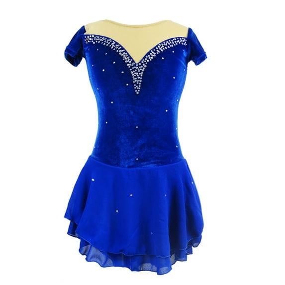 LIUHUO Custom Short Sleeved Figure Skating Dress for Girls & Ladies - Velvet, Royal Blue with Line - shaped Rhinestone Decorations at Splicing