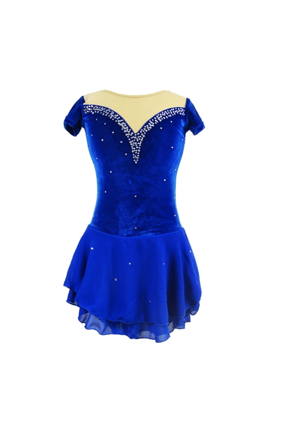 Custom Short Sleeved Figure Skating Dress for Girls & Ladies - Velvet, Royal Blue with Line - shaped Rhinestone Decorations at Splicing