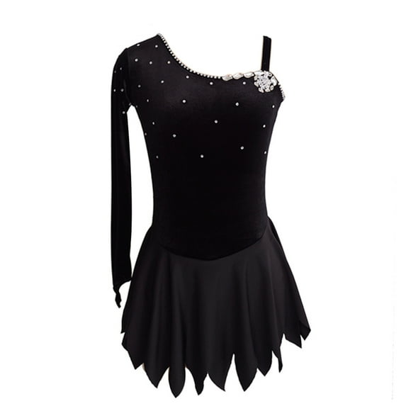 LIUHUO Custom Single Shoulder Long Sleeve Figure Skating Dress Girls Ladies Black Velvet Spandex Splicing Diamond Embellishments Irregular Skirt