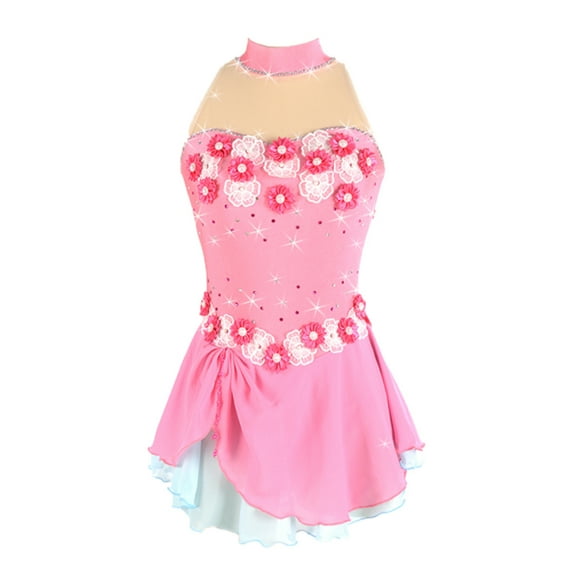LIUHUO Custom Sleeveless Figure Skating Dress Girls Women Pink Stretch Spandex 3D Flower Diamond Embellishments Sweet Flowy