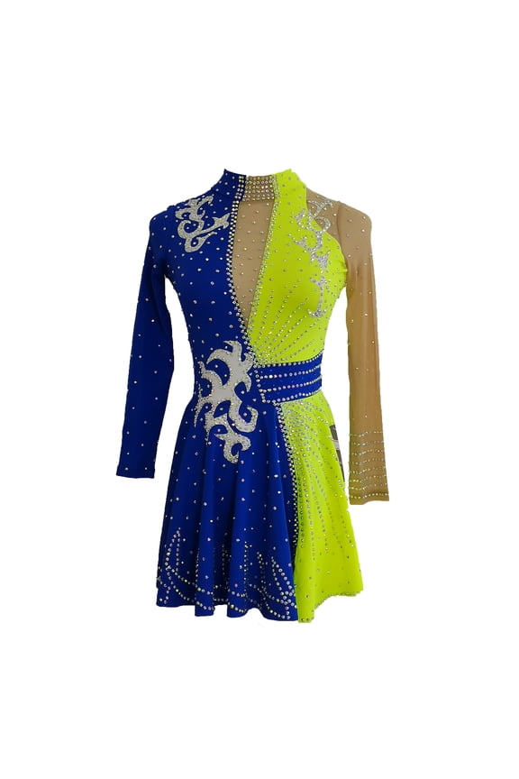 Customizable Color Blocked Figure Skating Dress for Women Girls Blue and Neon Yellow with Rhinestone Embellishments
