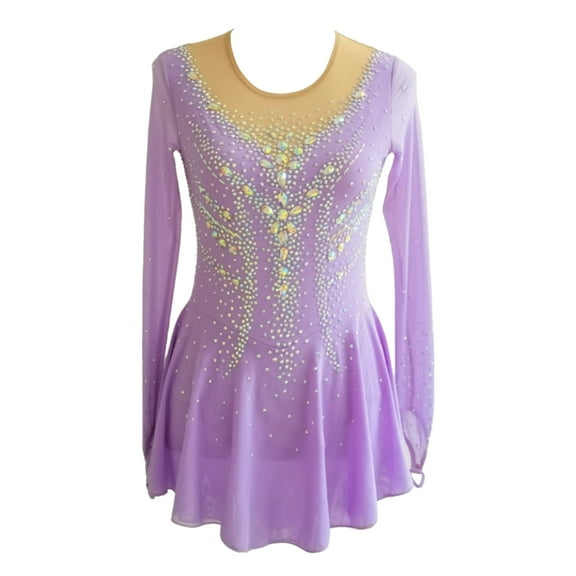 LIUHUO Customizable Figure Skating Dress Girls Women Long - Sleeve Purple Spandex High - Stretch with Diamond Embellishments Ideal for Competitions