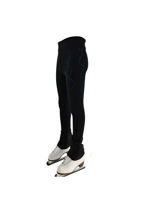 Customizable Ice Skating Training Pants Polyester Black with Blue Wavy Rhinestone Line Decoration