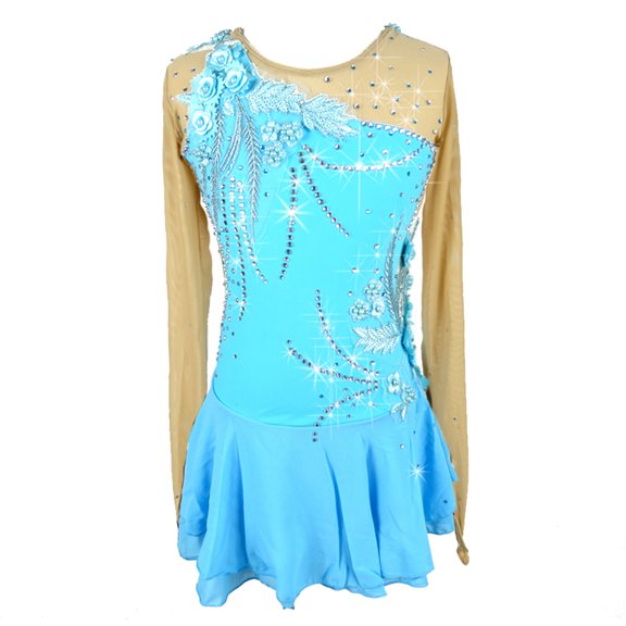LIUHUO Customized Blue Spandex Figure Skating Dress Girls Ladies with 3D Embroidery Pearl Flowers Diamond Decorations