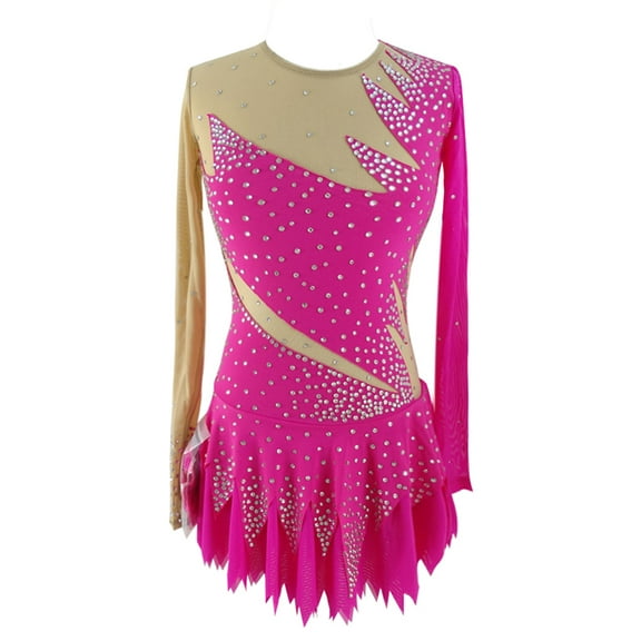 LIUHUO Customized Pink Spandex Long sleeved Figure Skating Dress Girls Ladies All over Diamond Embellishments Jagged Flowing Skirt