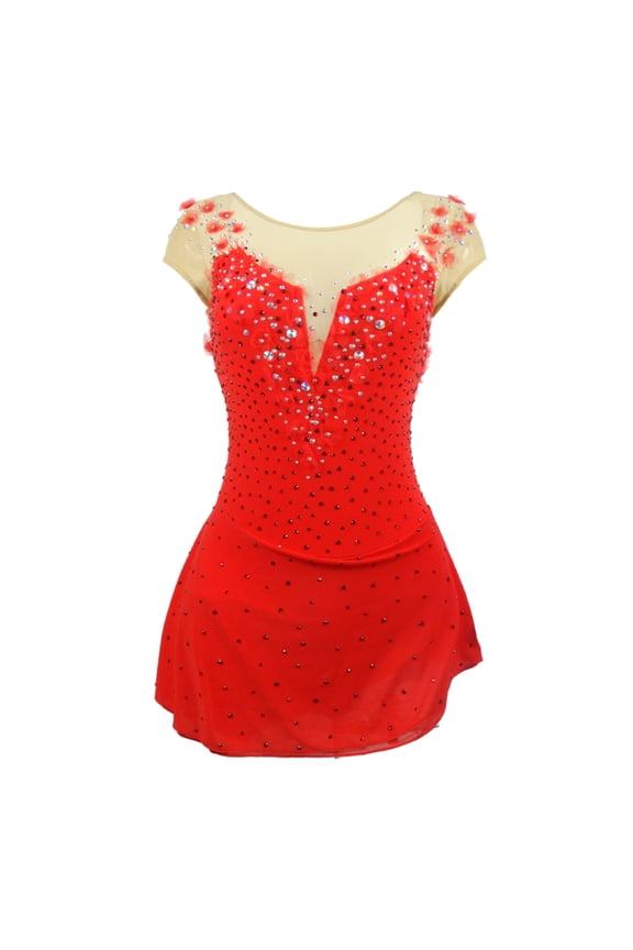 Customized Red Spandex Figure Skating Dress Girls Women V Neck with Flower Adorned Shoulders Rhinestone Embellished Skirt
