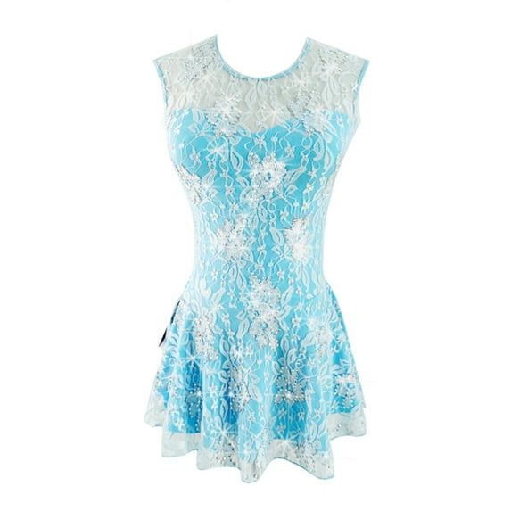 LIUHUO Customized Sleeveless Blue Spandex Figure Skating Dress Girls Ladies with White Lace Layer Diamond dotted Flower Embellishments