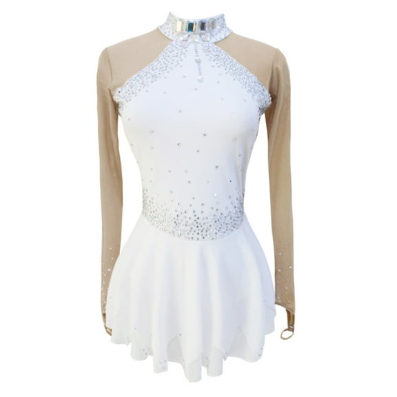 LIUHUO Customized White Spandex Figure Skating Dress Girls Ladies Embellished with Square Diamonds Scattered Rhinestones
