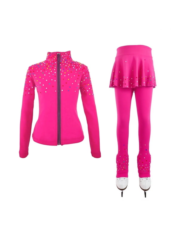 Figure Ice Skating Training Pants Jackets Girls Womens Fleece Shiny Colored Diamond Girl Comfortable Warm Tracksuit Rose Red