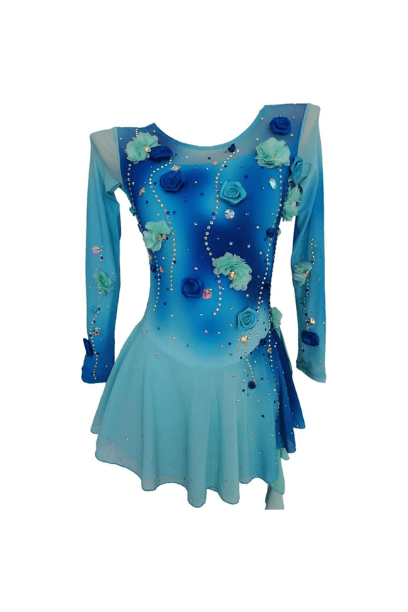 Figure Skating Dress Blue-Green Gradient 3D Stereoscopic Flower Competition Performance